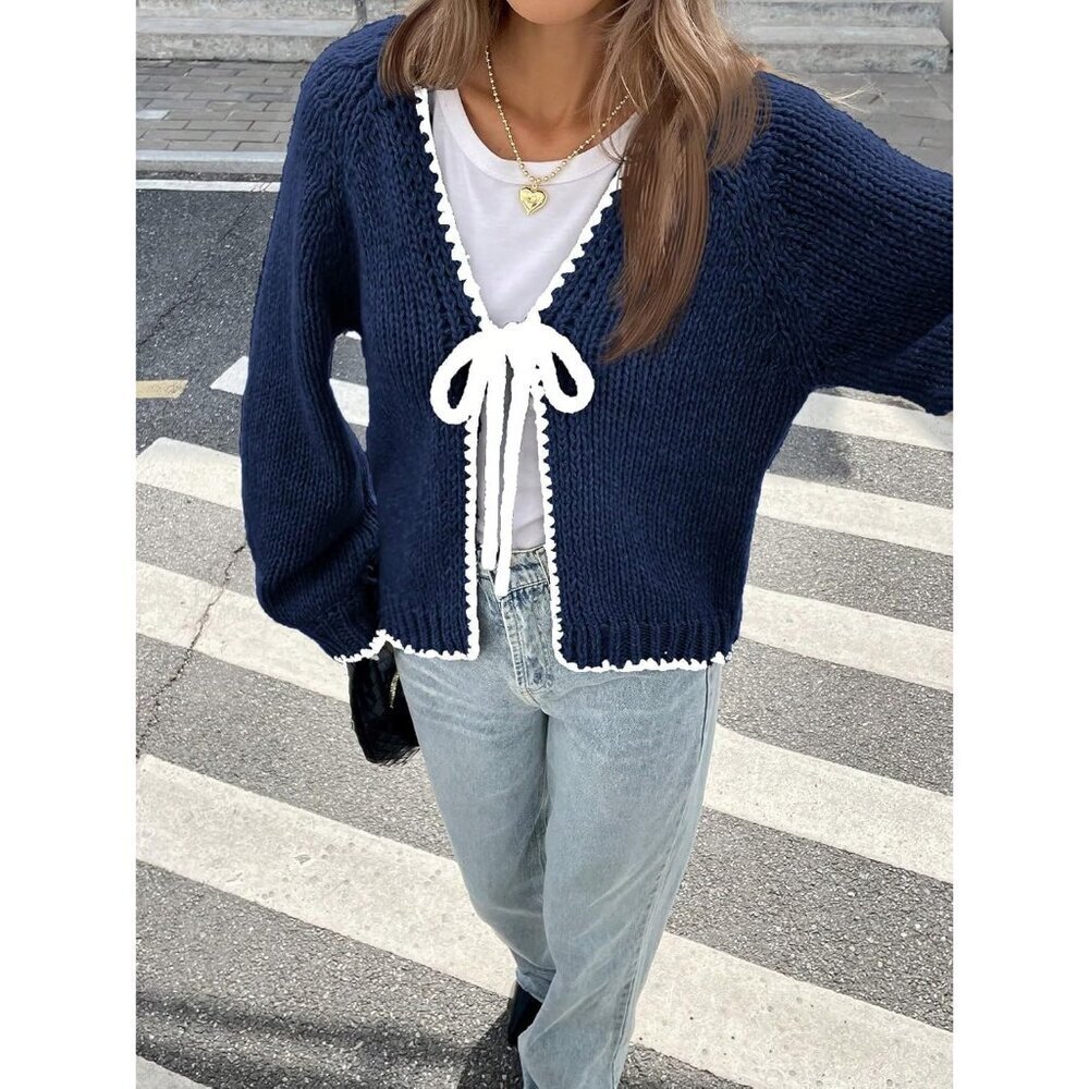 Women's Long Sleeve Knit Cardigan V Neck Tie Front Puff Fall Winter Casual - Picture 3 of 7